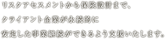 リスクアセスメントから保険設計まで、クライアント企業が永続的に安定した事業継続ができるよう支援いたします。